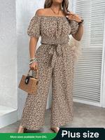【plus Size】 Ditsy Floral Print Off Shoulder Top & Belted Wide Leg Pants Set, Boho Casual Top & Trousers for Daily Holiday...