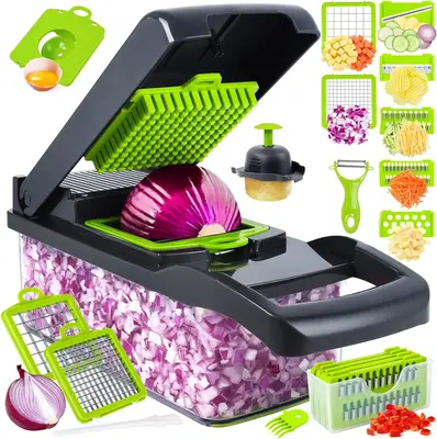 Multifunctional 16 in 1 Food Chopper, Kitchen Vegetable Slicer Dicer Cutter With 8 Blades, Onion Chopper With Container Stain...