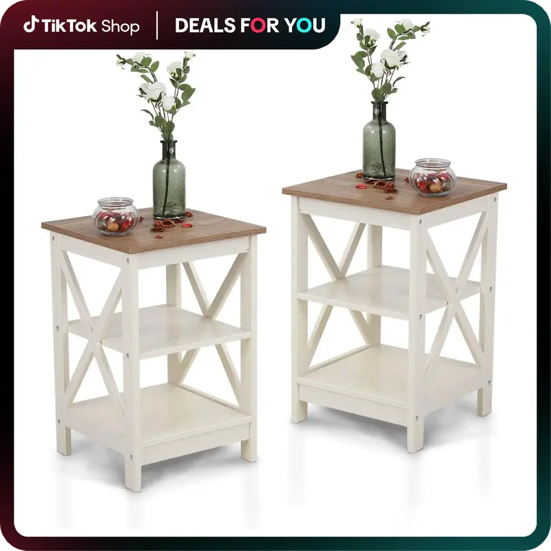 [Live] PHI VILLA End Table - Farmhouse Coffee Table with X-Shaped Design, Versatile Storage For Living Room Shelf Decoration ...