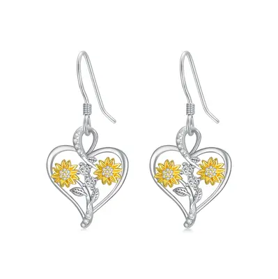 Sterling Silver Two-tone Circular Shaped Cubic Zirconia Sunflower & Heart Drop Earrings
