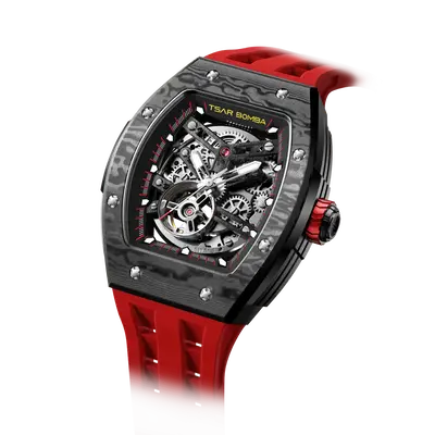 TSAR BOMBA Men's Automatic Watch | Passion Red | Stainless Steel Case | Carbon Fiber Bezel | Japanese Mechanical Skeleton Mov...