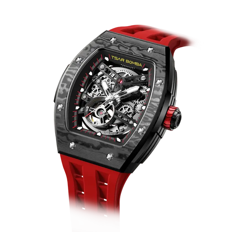 TSAR BOMBA Men's Automatic Watch | Passion Red | Stainless Steel Case | Carbon Fiber Bezel | Japanese Mechanical Skeleton Mov...