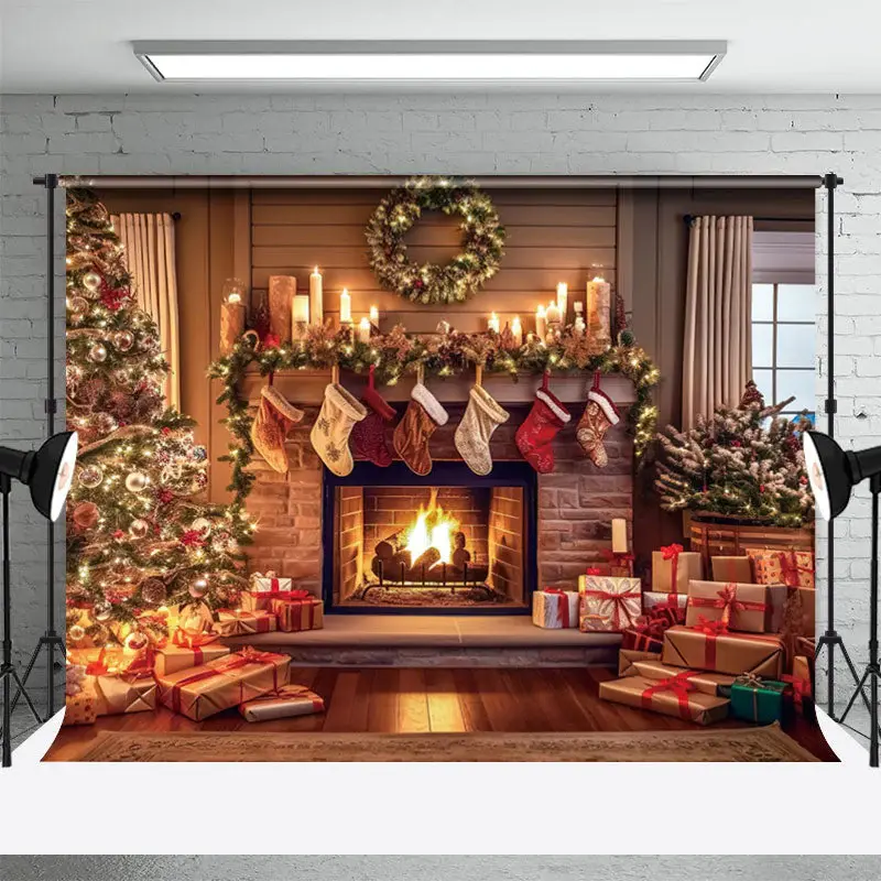 Christmas Tree Fireplace Stocks Photography Backdrop - Aperturee
