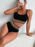 Two-piece Set Women's Summer Sexy Textured Contrast Chevron Tape Swimsuit Set, Swimsuit Sets Bathing Suits Summer Tummy Contr...