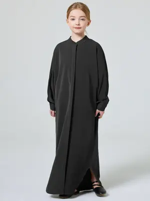 Girl's Solid Button Front Split Hem Abaya Dress, Modest Casual Long Sleeve Stand Collar Dress for Daily Wear, Kids Clothes fo...