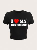 Women's Letter & Heart Print Round Neck Shortsleeve Crop Tee, Lady Casual Comfort Short Sleeve Crew Neck T-Shirt for Su...
