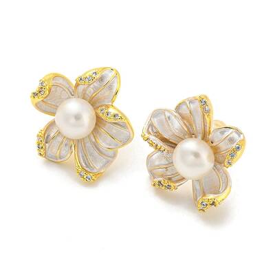 Cubic Zirconia Flower Stud Earrings with Natural Pearl