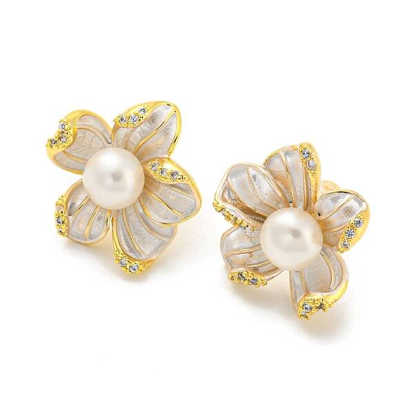 Cubic Zirconia Flower Stud Earrings with Natural Pearl