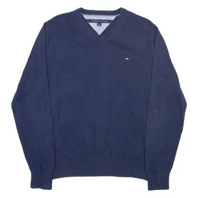 TOMMY HILFIGER Mens Jumper Blue V-Neck Tight Knit S