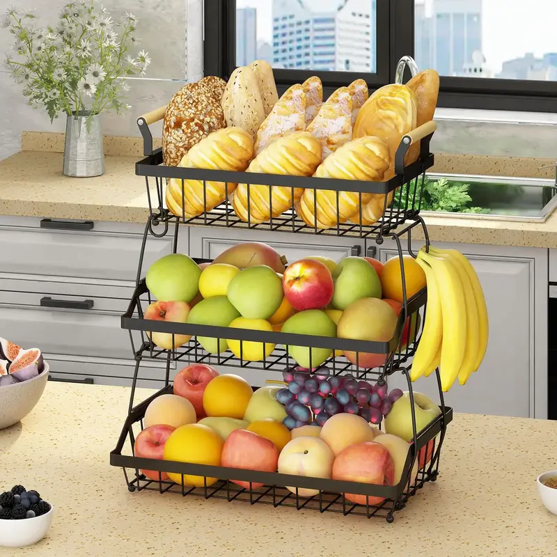 2/3-Tier Metal Fruit Vegetable Storage Basket with Hooks, Space-Saving Kitchen Organizer for Countertop, Pantry, Bathroom, He...