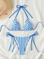 Two-piece Set Women's Striped Tie Back Bikini Set, Casual Fashion Chic Halter Neck Swim Bra & Tie Side Swim Panty Two Counts...