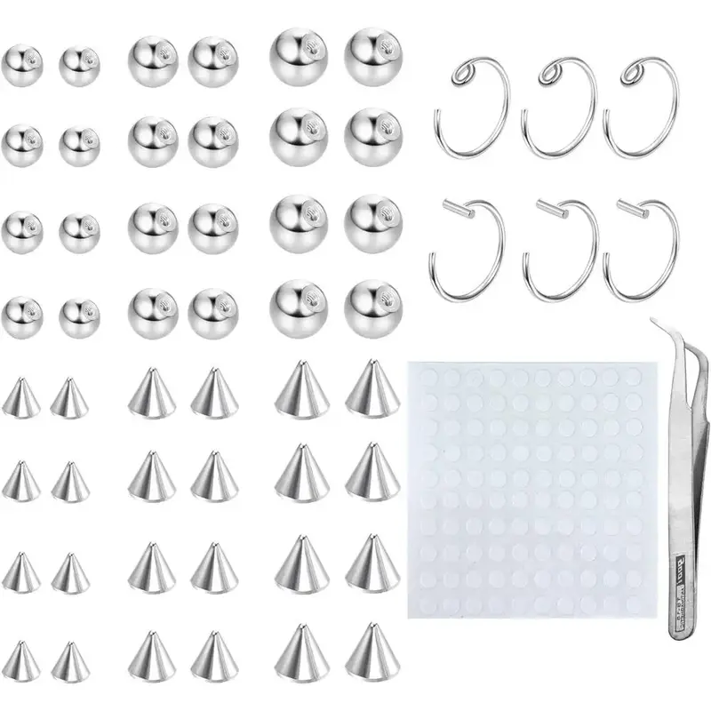 FLORIDECO 316L Stainless Steel Fake Eyebrow Ring Fake Lip Labret Studs Replacement Balls Spike with 100Pcs Sticker Non-Pierci...