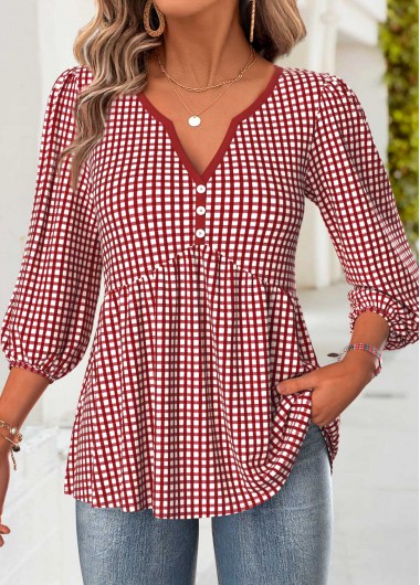 Modlily Red Plaid 3/4 Sleeve Split Neck Blouse - L