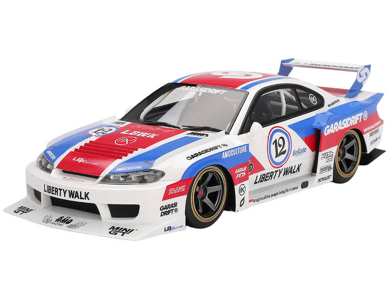 Nissan LB-Super Silhouette S15 SILVIA RHD (Right Hand Drive) #12 GARASIDRIFT White with Red and Blue Graphics 1/18 Model ...
