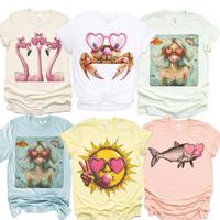 Bubblegum Summer Tees Women's Flamingo Heart Sunglasses Crab Graphic Tshirt for Beach Vacation Casual Wear Crewneck Short Sle...