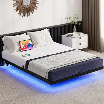Yitahome Floating Bed Frame Full/Queen/King Size, LED Bed Frame with Charging Station, Metal Platform Full Bed with Heavy Dut...