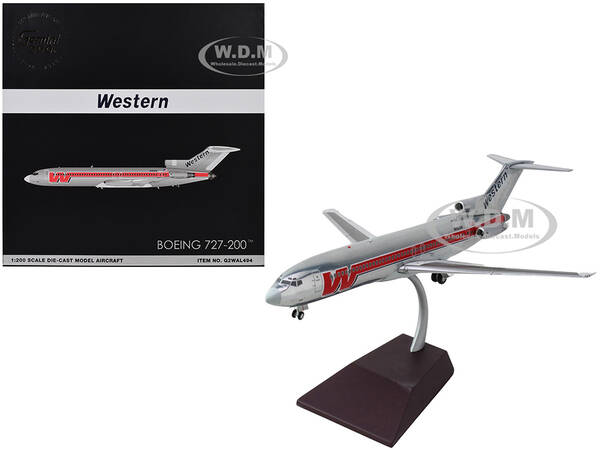 Boeing 727-200 Commercial Aircraft Western Airlines (N2805W) Silver with Red Stripes Gemini 200 Series 1/200 Diecast Model Ai...