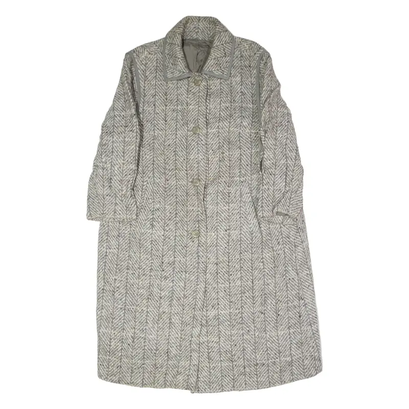 KARNER Womens Trench Coat Grey Knit Wool 90s Herringbone M