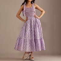 Women's Summer Midi Cami Dress Floral Print Tie Strap Smocked High Waist Backless Flowy Dress, Ladies Clothes for Indoor Outd...