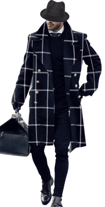 Wool Double Breasted Topcoat - Black Check