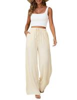 Womens Linen Pants Casual Wide Leg Pants Summer Palazzo Pants Loose Flowy Beach Pants Drawstring Elastic Trousers