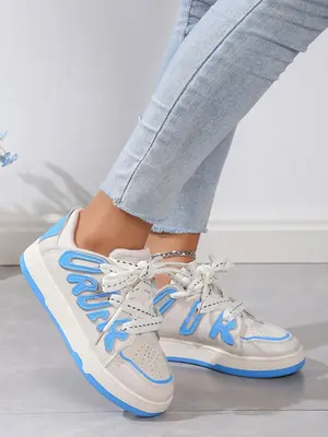 Women's Summer Colorblock Letter Print Bootlace Worm Lace Up Low Top Sneakers for Gift, Casual Comfortable Sports Shoes Footw...