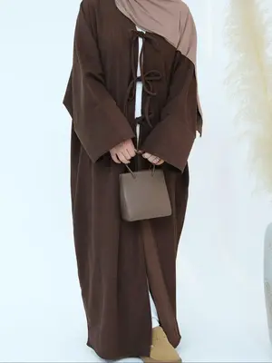 Women's Solid Color Corduroy Abaya, Casual Long Sleeve Tie Front Muslim Dress for Fall & Winter, Women's Islamic Clothing for...