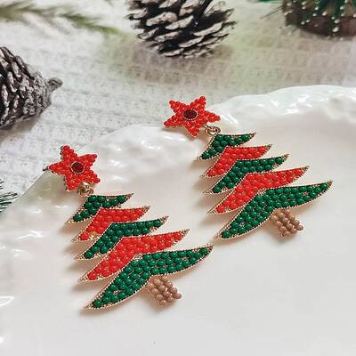 Christmas Tree Alloy & Acrylic Beaded Dangle Stud Earrings for Women