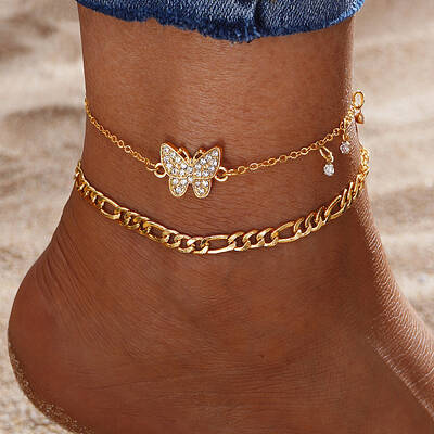 2Pcs Alloy Rhinestone Link Anklets