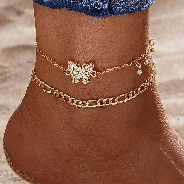 2Pcs Alloy Rhinestone Link Anklets