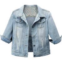 Women Autumn 3/4 Sleeve Retro Short Denim Jackets Light Blue Jean Coats