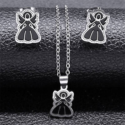 304 Stainless Steel Enamel Angel Stud Earrings & Pendant Necklace Set for Women