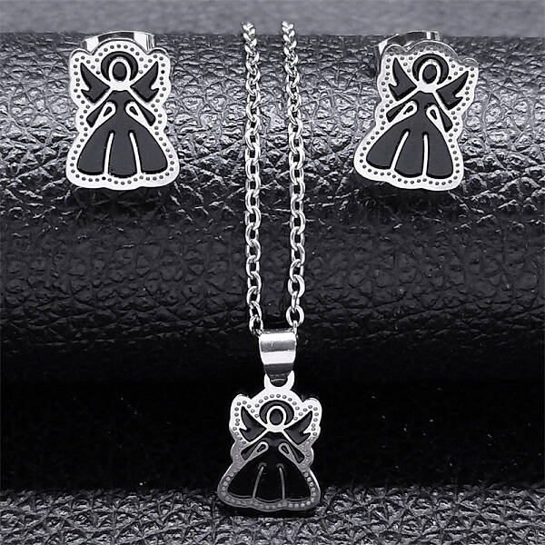 304 Stainless Steel Enamel Angel Stud Earrings & Pendant Necklace Set for Women
