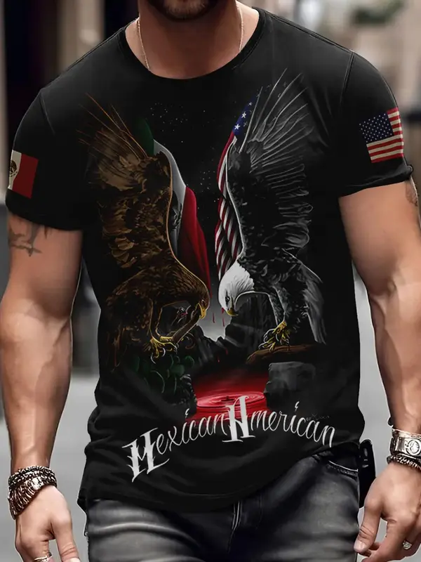 Men's Letter & Eagle Print Round Neck Tee, Casual Comfy Short Sleeve T-shirt For Summer, Fashion Men's Top For Daily Wear