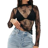 MEROKEETY 2025 Womens Mesh Sheer Long Sleeve Layering Top Mock Neck Lace Floral See Through Shirt Blouses