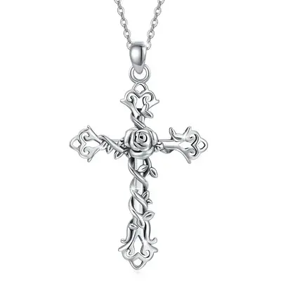 Sterling Silver Cross Rose Flower & Ivy Pendant Necklace