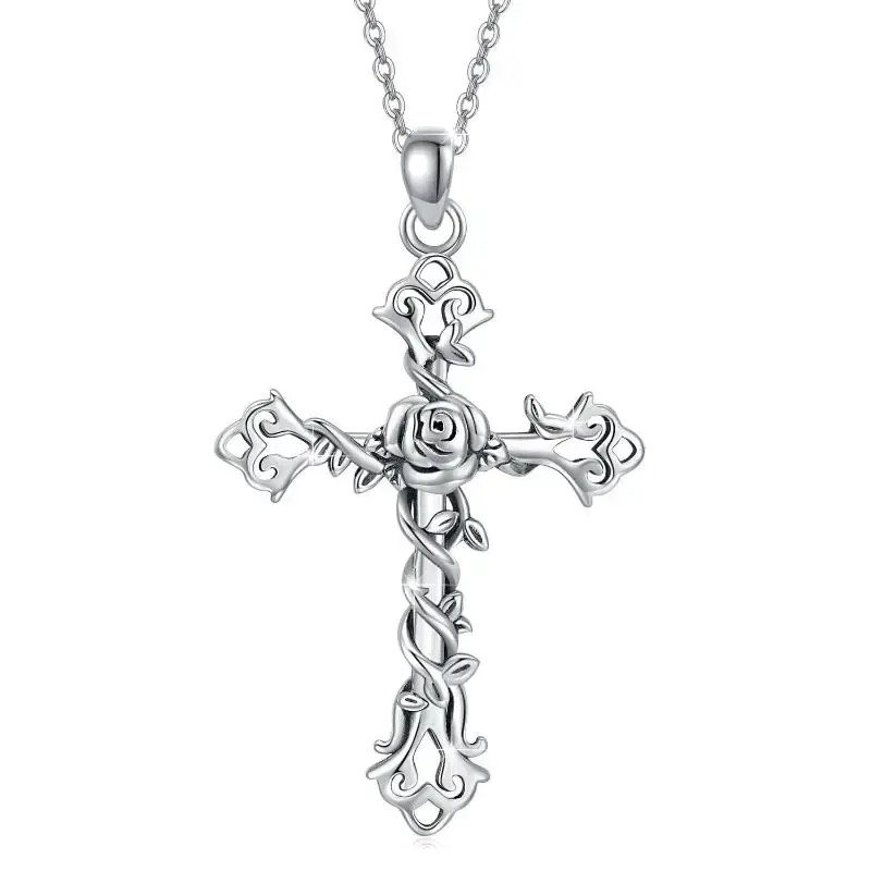Sterling Silver Cross Rose Flower & Ivy Pendant Necklace