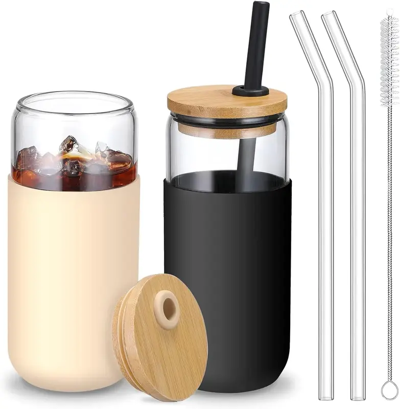 2 Pack 20 OZ Glass Cups with Bamboo Lids and Straws-Beer Can Shaped Drinking Glasse with Silicone Protective Sleeve Set for I...