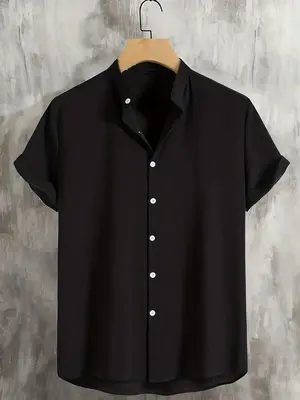 Men's Solid Button Front Shirt, Casual Regular Fit Drop Shoulder Mock Neck Short Sleeve Top for Summer, Fashion Men's Clothe...