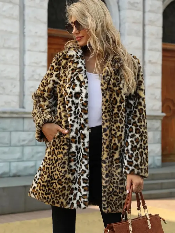 Women's Leopard Print Long Sleeve Faux Fur Coat, 1 Count Casual Open Front Outerwear for Fall & Winter, Winter Clothes Women,...