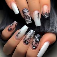 Black Flower Pattern Fake Nails with Nail File & Tape, 24pcs Removable False Nails for Women Girls Nail Art, Effortless Press...
