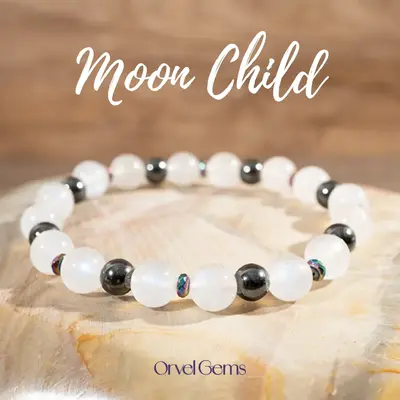 Luna Moon Child Bracelet – Natural Rainbow Moonstone & Hematite for Protection | Unisex Celestial Gemstone Jewelry | Spirit...