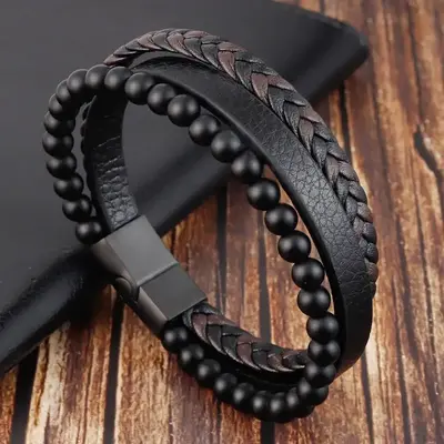Men's Leather Braided Bracelet Natural Black Onyx Stone Bracelet Bangle Multilayer Braided Wristband Boho Style Magnetic Clos...