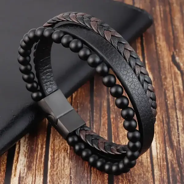 Men's Leather Braided Bracelet Natural Black Onyx Stone Bracelet Bangle Multilayer Braided Wristband Boho Style Magnetic Clos...