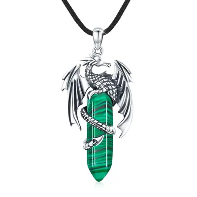 Sterling Silver Malachite Dragon Pendant Necklace