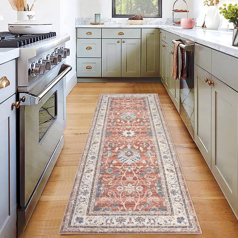Garvee Persian Brick Red 2x6 Washable Runner Rug Vintage Floral Non-Slip Soft Polyester Stain Resistant Foldable Entryway Kit...