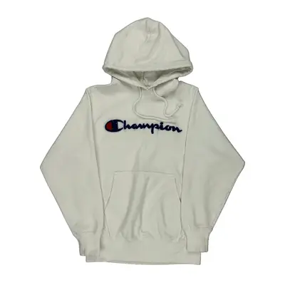 Reverse Weave Champion Spellout Hoodie - Small White Cotton Blend