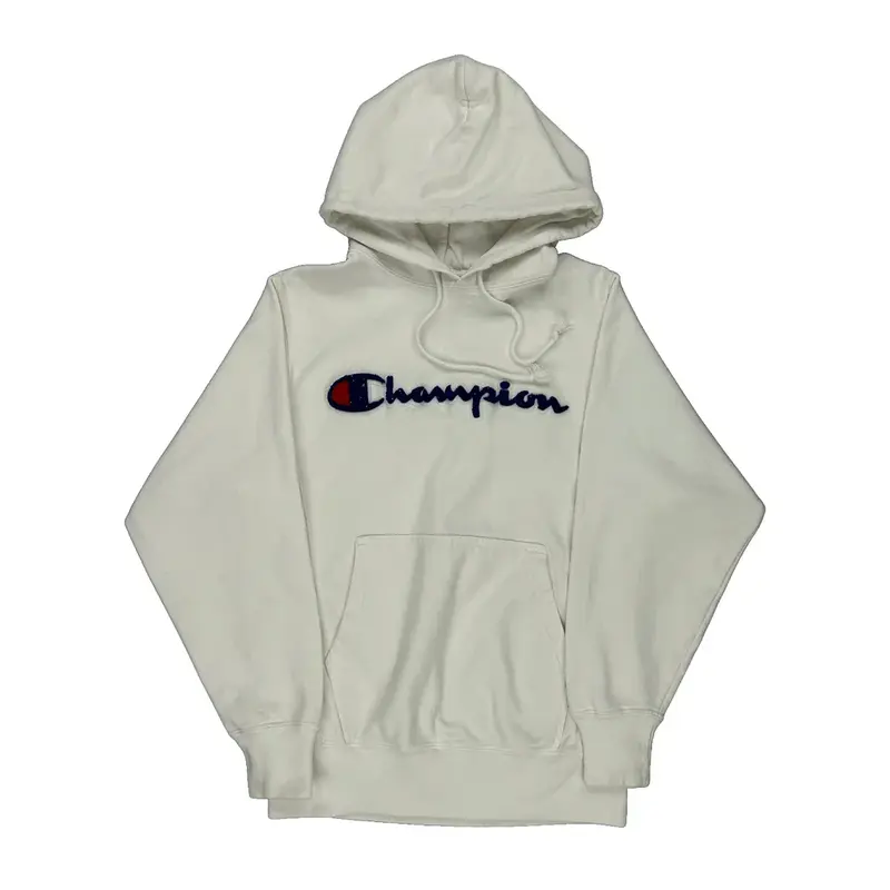 Reverse Weave Champion Spellout Hoodie - Small White Cotton Blend