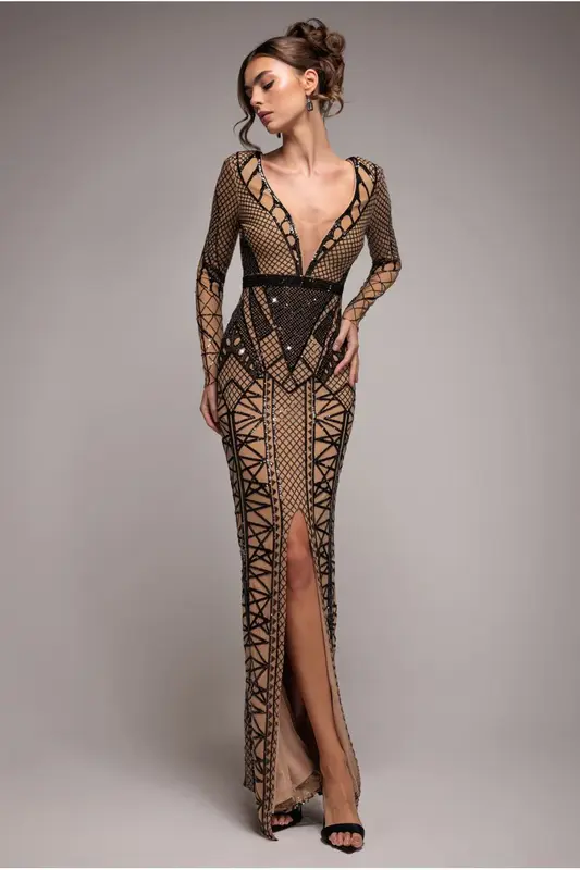 Goddiva Geometric Sequin Plunge Maxi - Black