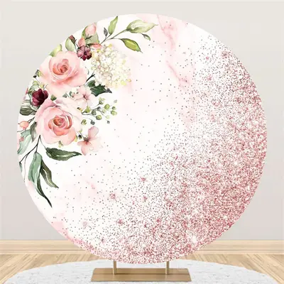 Aperturee Elegant Pink Floral Plant Glitter Circle Backdrop | Custom Curtain Party Backdrop | Party Photo Backdrops | Party C...